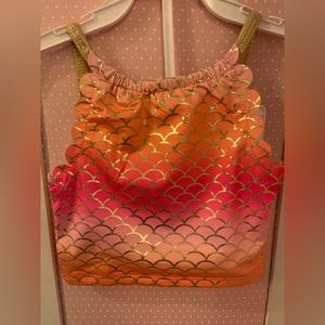 Girls size 3T Penelope Mack mermaid scale print 2 piece swim suit foil gold
